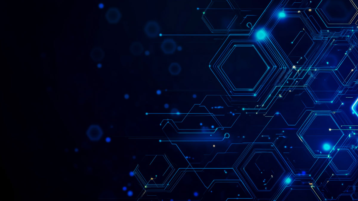 Blue tech background featuring circuit lines and hexagons, vector design for business, technology, or science themes.