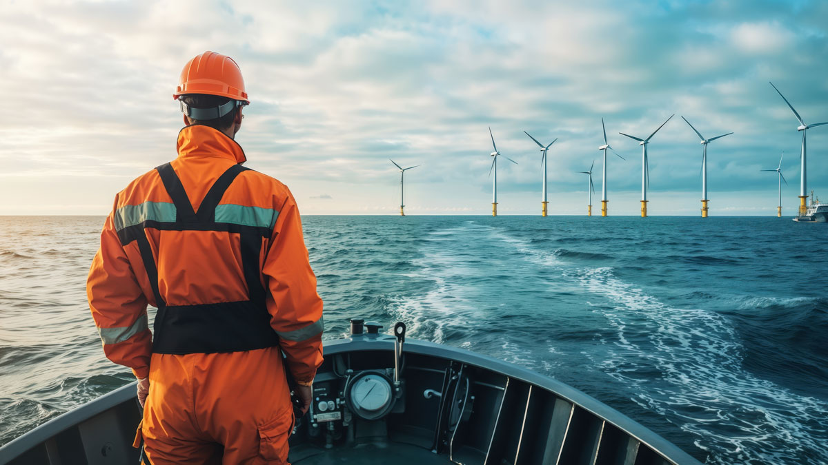 Marine engineer navigating towards offshore wind farm