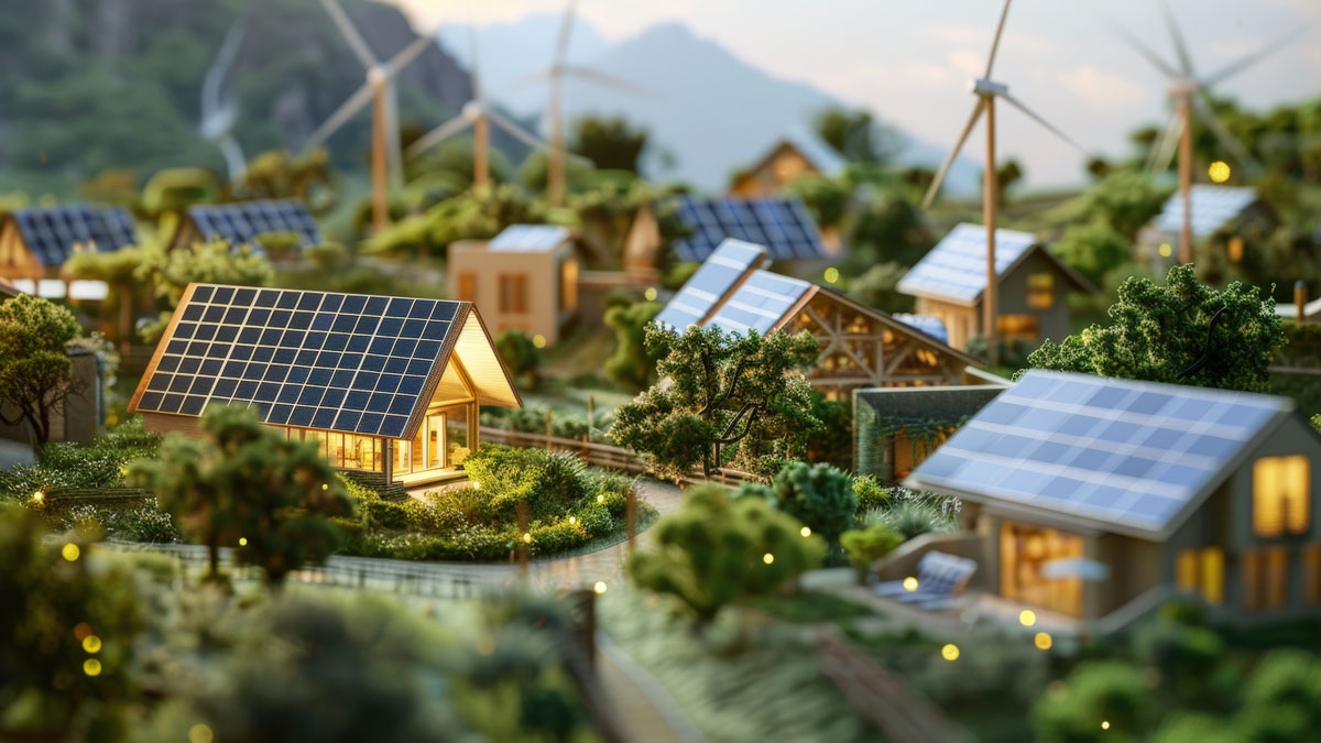 Sustainable Remote Village with Solar Panels and Wind Turbines for Renewable Energy Independence