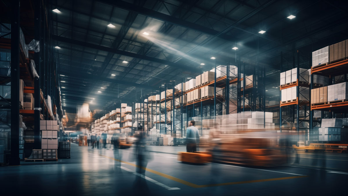 Long exposure of modern warehouse interior with motion blur of workers and machinery