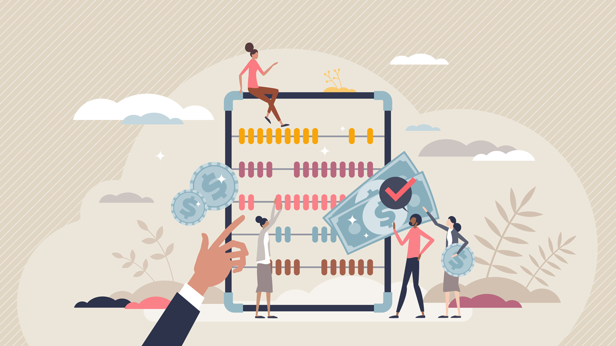 Accounting, bookkeeping or accountancy financial service tiny person concept. Company budget, income or fiscal documents analysis and annual assets calculation vector illustration. Tax inspecting