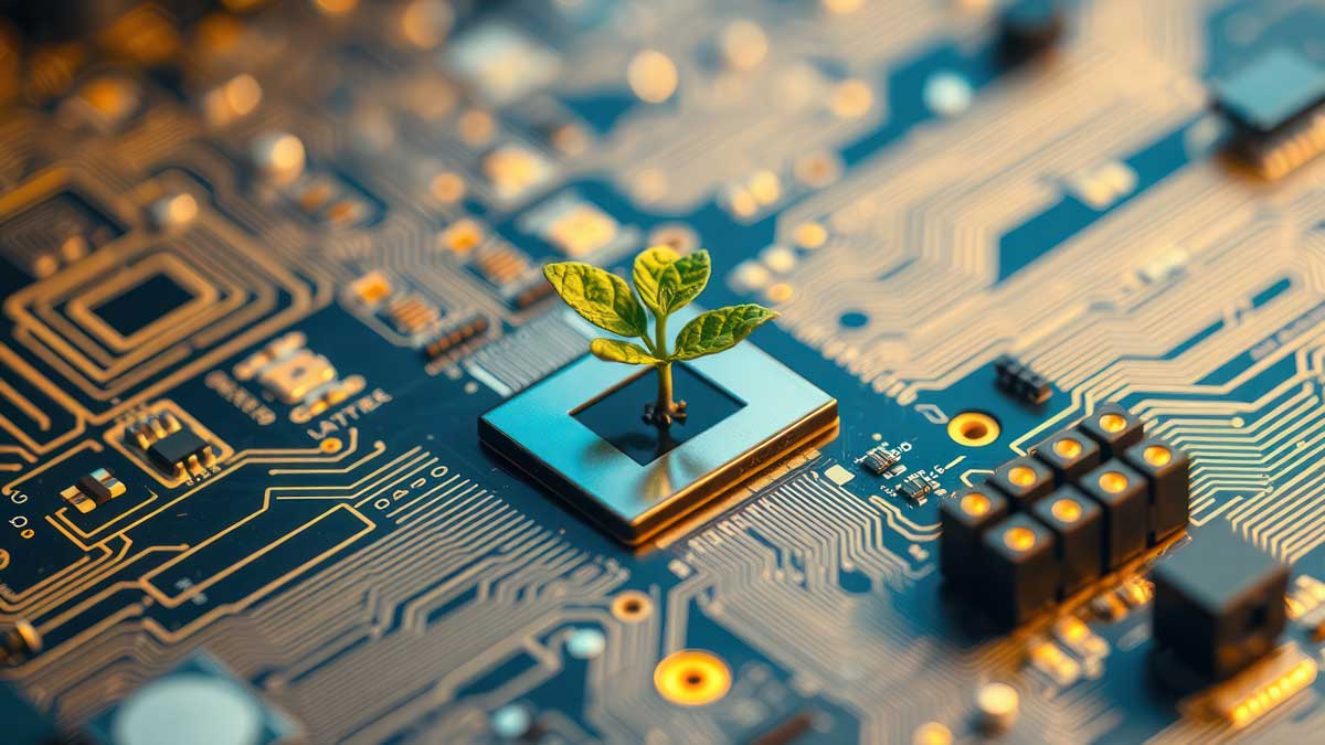 Small plant grows on circuit board. Eco tech innovation. Future tech, nature interaction. Sustainable tech concept. Digitization, nature combined. New tech trends. Microchip, plant. Sustainable