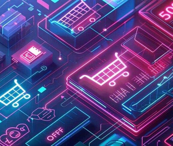 An abstract background depicting a neon glow online shopping cart with 50% off, accompanied by digital product icons and a futuristic tech theme. Generative AI