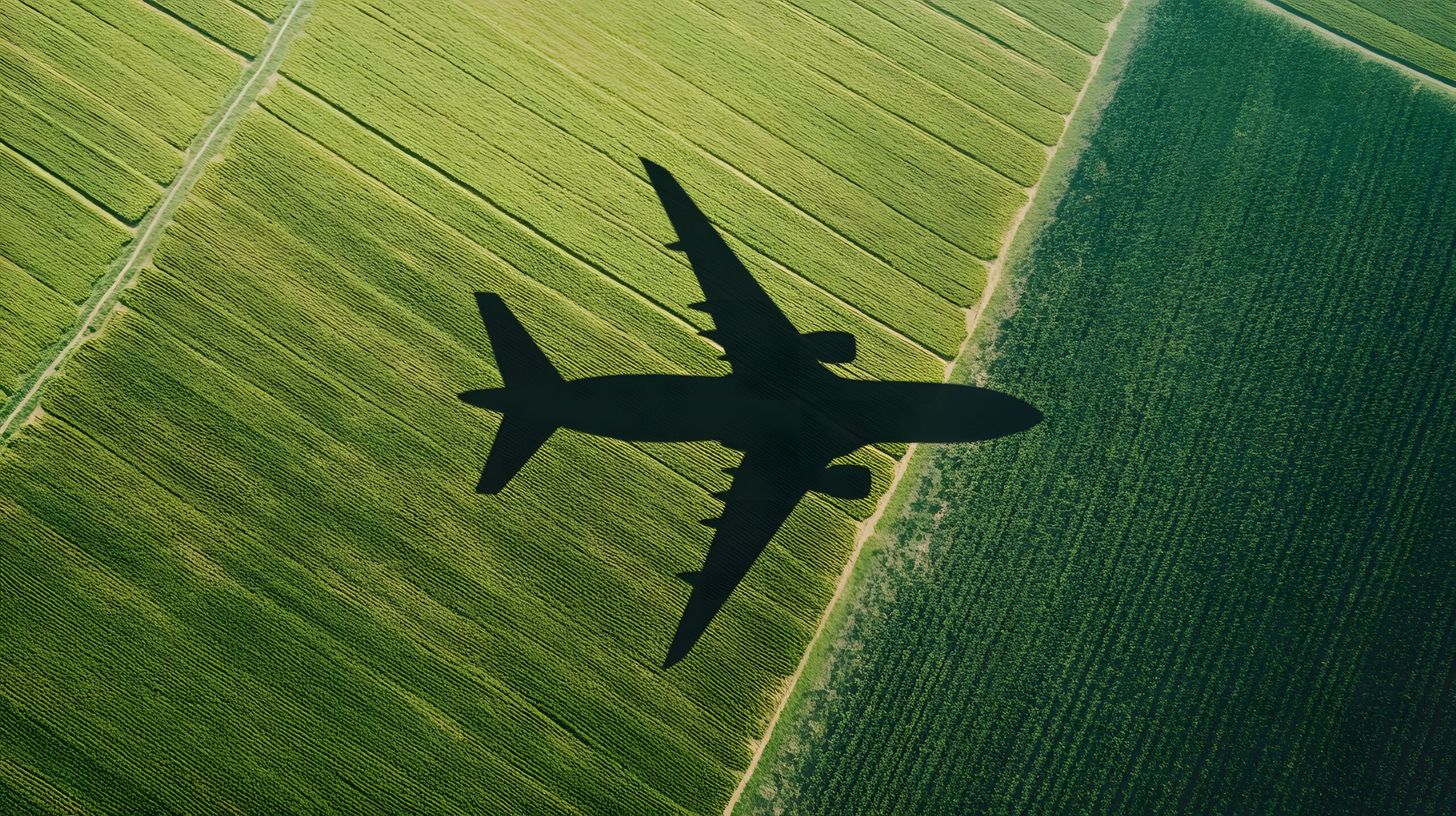 An aerial view of an airplane's shadow gliding over vibrant green farmland, symbolizing the harmony between travel and the environment