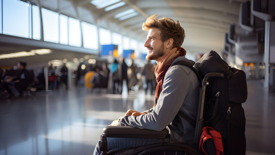 Disabled male traveler carrying backpack sitting in wheelchair at the airport. Ai generative