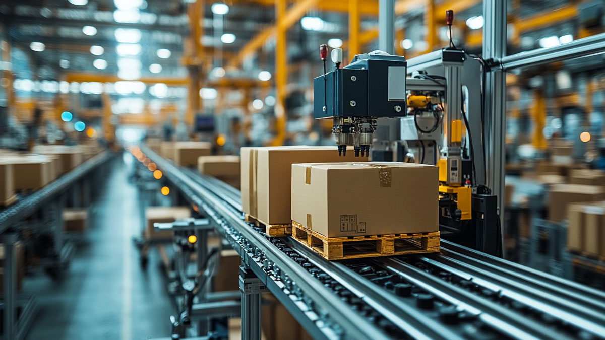 Automated Precision on the Production Line: A state-of-the-art robotic arm efficiently moves cardboard boxes along a conveyor belt in a modern factory