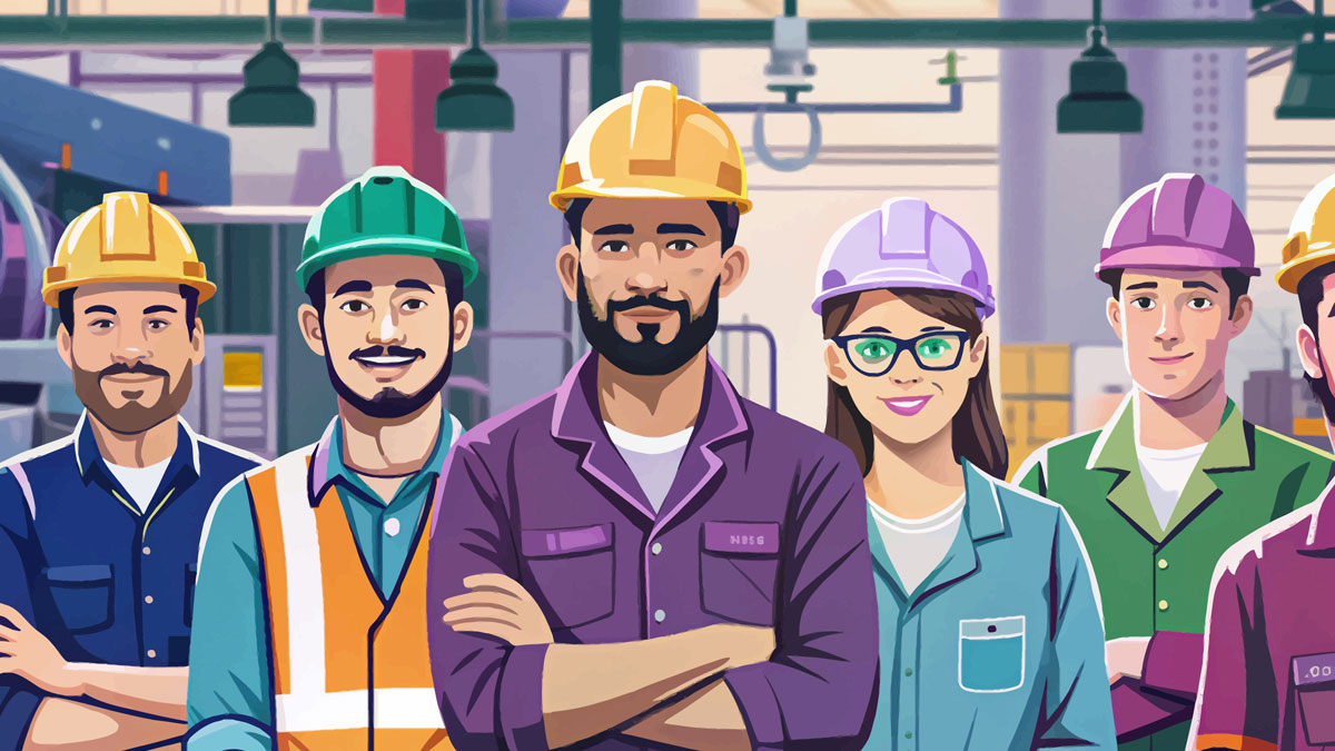 Engineer team with full skills vector in maintenance and training at industrial factory workshop, supporting factory operators and mechanical engineering production tasks