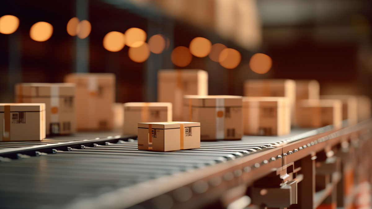 Closeup of multiple cardboard box packages seamlessly moving along a conveyor belt in a warehouse fulfillment center, a snapshot of e-commerce, delivery, automation and products