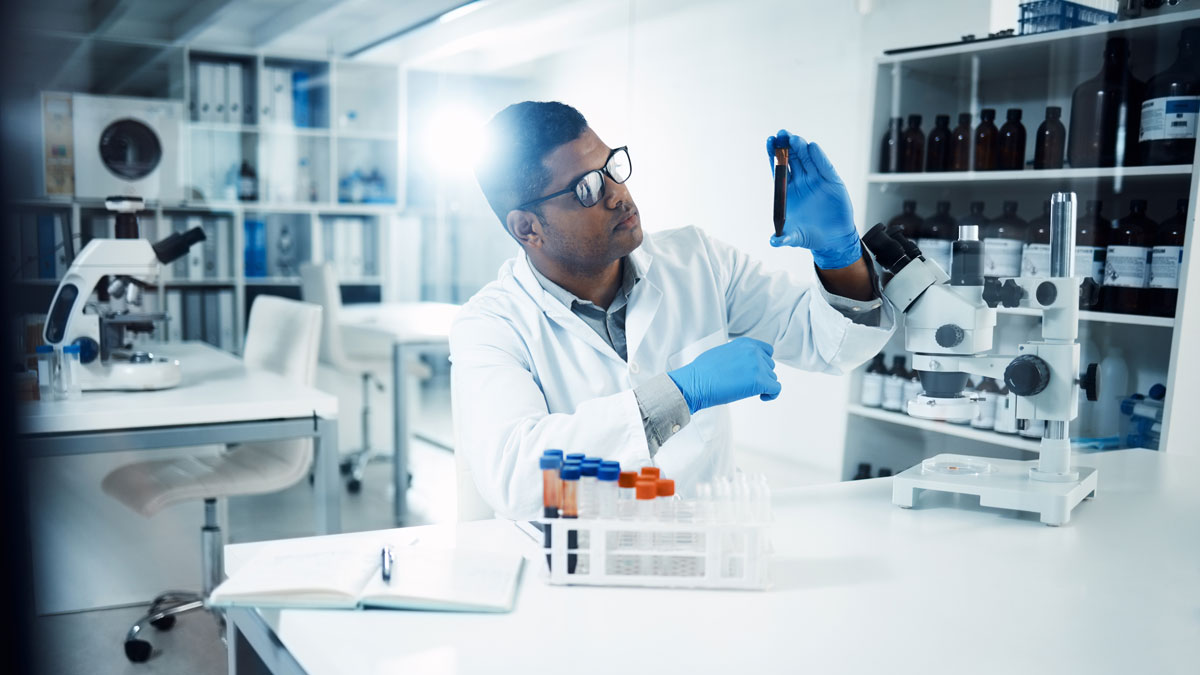 Man, blood or scientist in laboratory for science innovation, life extension or antiaging medicine. Futuristic, medical vial and healthcare biologist with DNA chemistry in research or examination