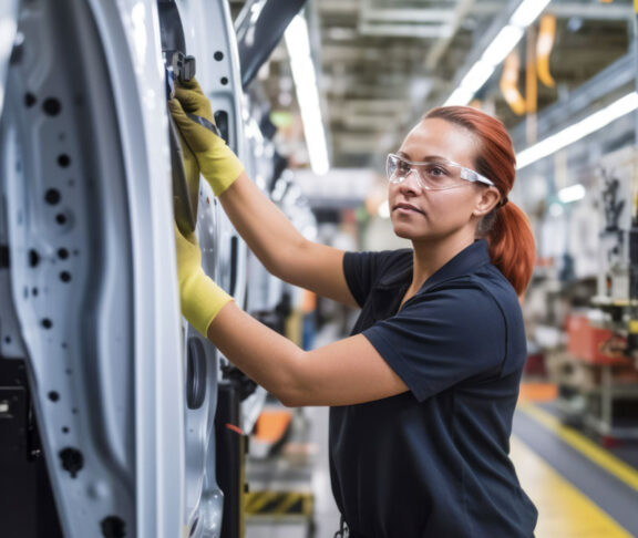 Confident female worker skillfully operating high-tech machinery in a modern automotive manufacturing setting, candid shot, generative ai