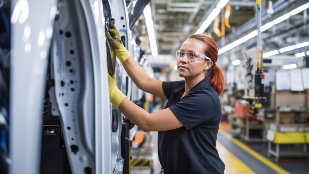 Confident female worker skillfully operating high-tech machinery in a modern automotive manufacturing setting, candid shot, generative ai