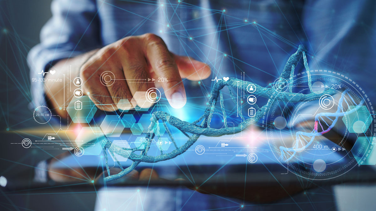 Doctor check with analysis chromosome DNA genetic of human on virtual interface. Medical science concept, 3d illustration