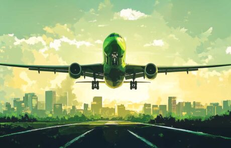 Illustration of green, ecofriendly aviation fuel, showcasing its role in sustainable air travel, with vibrant green hues, clean skies, and innovative aircraft designs
