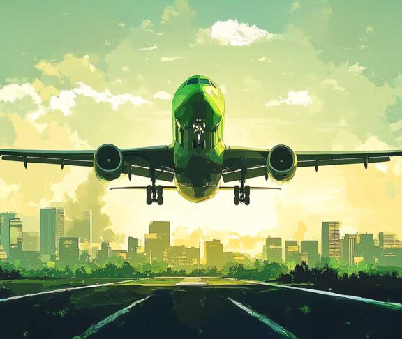 Illustration of green, ecofriendly aviation fuel, showcasing its role in sustainable air travel, with vibrant green hues, clean skies, and innovative aircraft designs