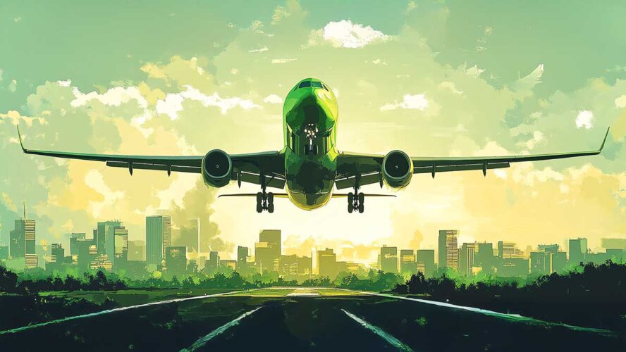 Illustration of green, ecofriendly aviation fuel, showcasing its role in sustainable air travel, with vibrant green hues, clean skies, and innovative aircraft designs