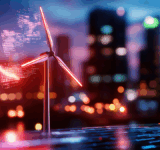 Digital wind turbines illuminated at night with city skyline backdrop, showcasing advanced technology and renewable energy solutions. scene reflects innovation and sustainability