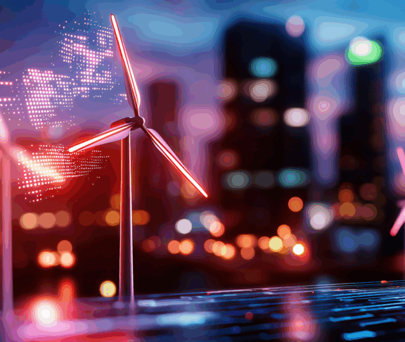 Digital wind turbines illuminated at night with city skyline backdrop, showcasing advanced technology and renewable energy solutions. scene reflects innovation and sustainability
