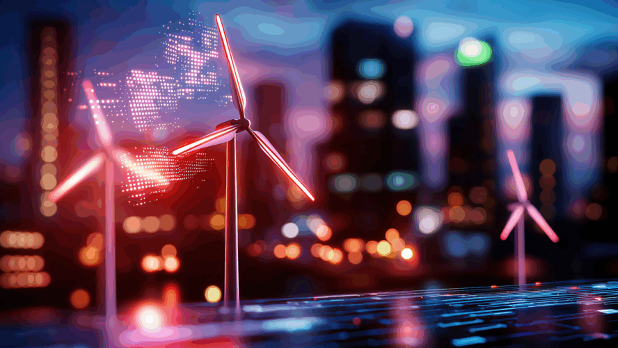Digital wind turbines illuminated at night with city skyline backdrop, showcasing advanced technology and renewable energy solutions. scene reflects innovation and sustainability