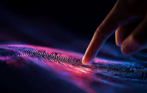 Abstract Fingerprint Biometric Technology Digital Art Futuristic Neon Pink Blue Light Scan Security Identity Authentication System Modern Design Background Image data wave hand