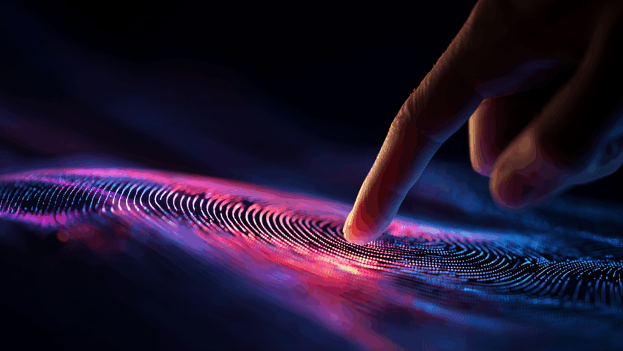 Abstract Fingerprint Biometric Technology Digital Art Futuristic Neon Pink Blue Light Scan Security Identity Authentication System Modern Design Background Image data wave hand