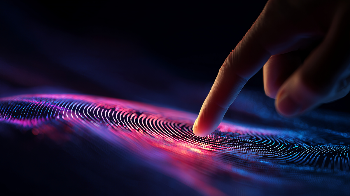 Abstract Fingerprint Biometric Technology Digital Art Futuristic Neon Pink Blue Light Scan Security Identity Authentication System Modern Design Background Image data wave hand