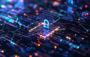 Cybersecurity concept with a digital lock on a data stream