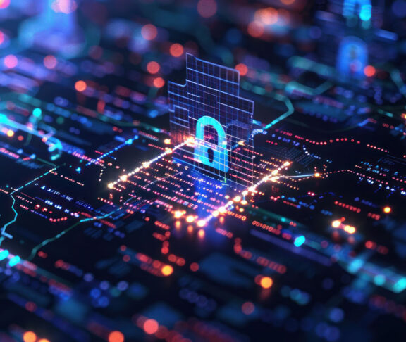 Cybersecurity concept with a digital lock on a data stream