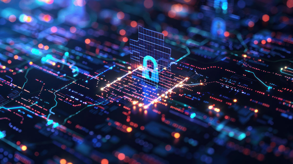 Cybersecurity concept with a digital lock on a data stream