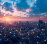 A bustling smart city skyline overlaid with glowing network connectivity lines during a picturesque sunset
