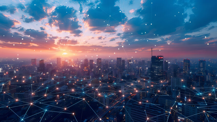 A bustling smart city skyline overlaid with glowing network connectivity lines during a picturesque sunset