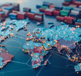 AI and global logistics concept with world map, supply chain network, and container ship for import-export