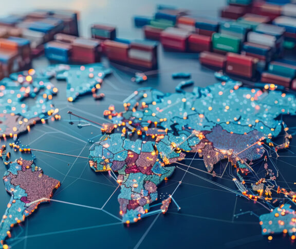 AI and global logistics concept with world map, supply chain network, and container ship for import-export
