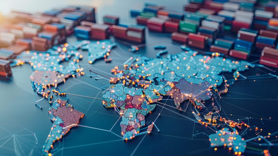 AI and global logistics concept with world map, supply chain network, and container ship for import-export