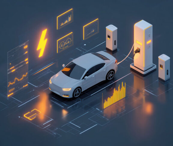 isometric EV charging station on digital platform Electric car charging at a modern station with digital interface elements.