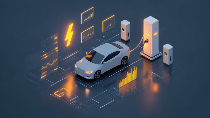 isometric EV charging station on digital platform Electric car charging at a modern station with digital interface elements.