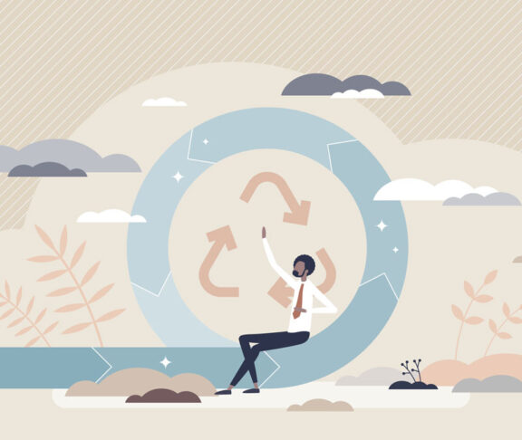 Circular economy company type with recycling strategy tiny person concept. Environmental friendly and responsible model for product production and manufacturing reducing waste vector illustration