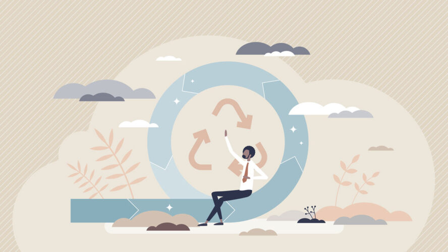 Circular economy company type with recycling strategy tiny person concept. Environmental friendly and responsible model for product production and manufacturing reducing waste vector illustration