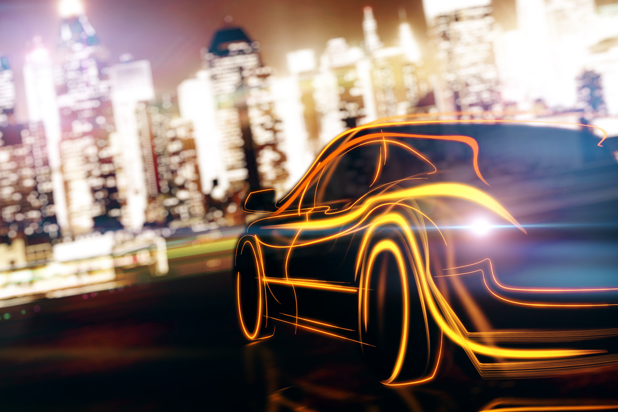 Creative glowing digital car on blurry night city background. Transport and performance concept. 3D Rendering