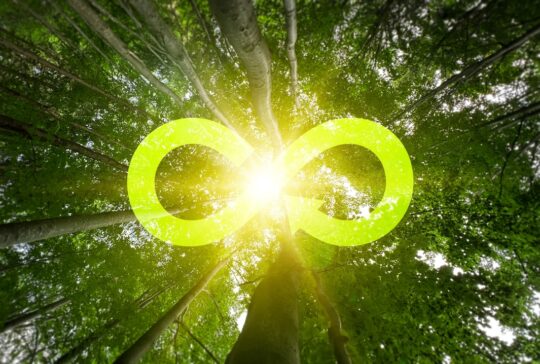 Circular economy concept. Energy consumption and increase in carbon emissions.Renovating and recycling existing materials and products possible.
