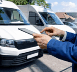Manager mit einem digitalen Tablet auf dem Hintergrund von Vans. Flottenmanagement