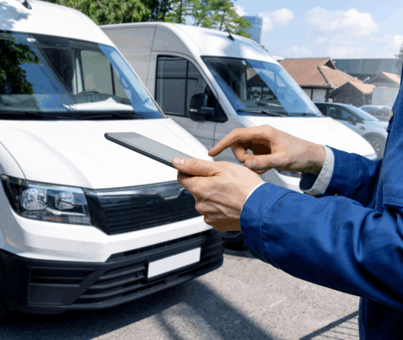Manager mit einem digitalen Tablet auf dem Hintergrund von Vans. Flottenmanagement