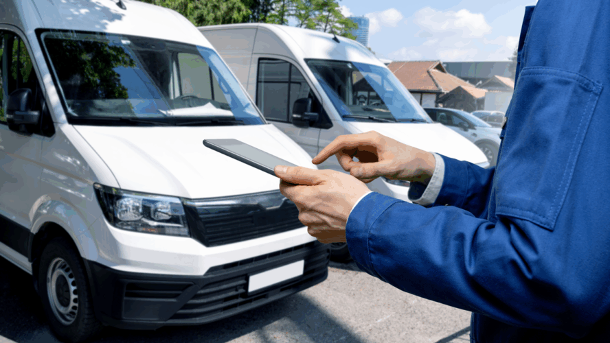 Manager mit einem digitalen Tablet auf dem Hintergrund von Vans. Flottenmanagement