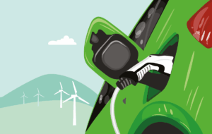 Vektor-flache Darstellung der Aufladung von Elektroautos an der Ladestation. Green Energy and Sustainable Energy Concept Hintergrund Elektromobilität e-motion Konzept. Windkraftanlagen in Green Hills