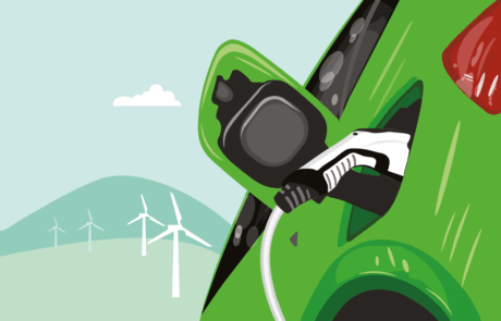 Vektor-flache Darstellung der Aufladung von Elektroautos an der Ladestation. Green Energy and Sustainable Energy Concept Hintergrund Elektromobilität e-motion Konzept. Windkraftanlagen in Green Hills