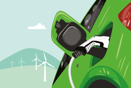 Vektor-flache Darstellung der Aufladung von Elektroautos an der Ladestation. Green Energy and Sustainable Energy Concept Hintergrund Elektromobilität e-motion Konzept. Windkraftanlagen in Green Hills