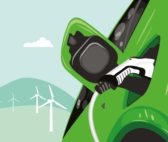 Vektor-flache Darstellung der Aufladung von Elektroautos an der Ladestation. Green Energy and Sustainable Energy Concept Hintergrund Elektromobilität e-motion Konzept. Windkraftanlagen in Green Hills