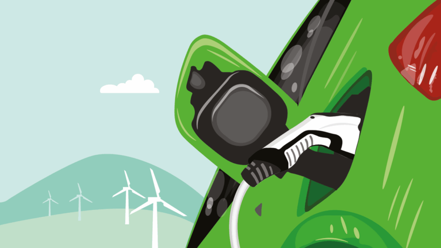Vektor-flache Darstellung der Aufladung von Elektroautos an der Ladestation. Green Energy and Sustainable Energy Concept Hintergrund Elektromobilität e-motion Konzept. Windkraftanlagen in Green Hills