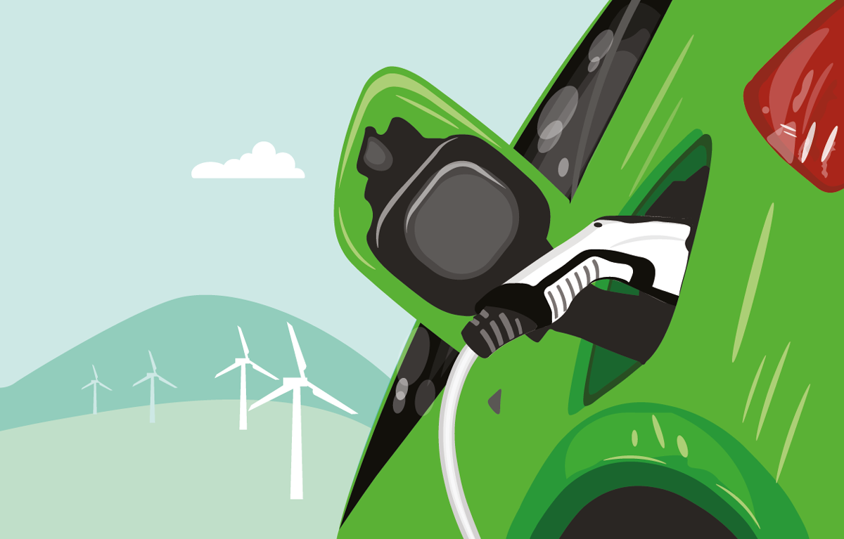 Vektor-flache Darstellung der Aufladung von Elektroautos an der Ladestation. Green Energy and Sustainable Energy Concept Hintergrund Elektromobilität e-motion Konzept. Windkraftanlagen in Green Hills
