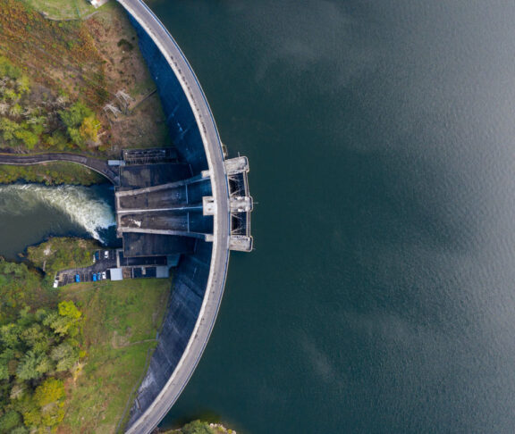 Aerial photograph of the Saint Etienne Cantales hydroelectric dam. Cantal. Auvergne. France. October 10, 2020. Photographie aerienne du barrage hydroelectrique de Saint Etienne Cantales. Cantal. Auvergne. France. 10 Octrobre 2020.
