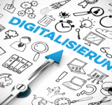 Digitalisierung (Deutsch für: Digitization) Konzept mit Symbolen und Kompasspfeilen, die auf Schrift zeigen (3D-Rendering)